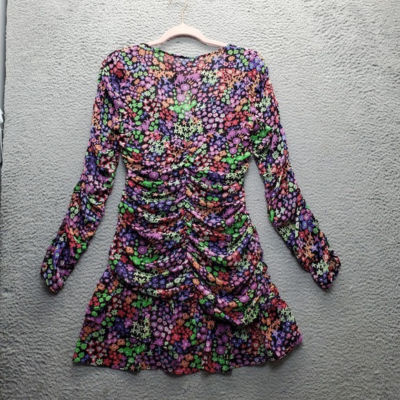 Zara Bodycon Dress Womens Small Multi Floral Lined Sweetheart Ruched Ruffle Hem - Picture 2 of 9